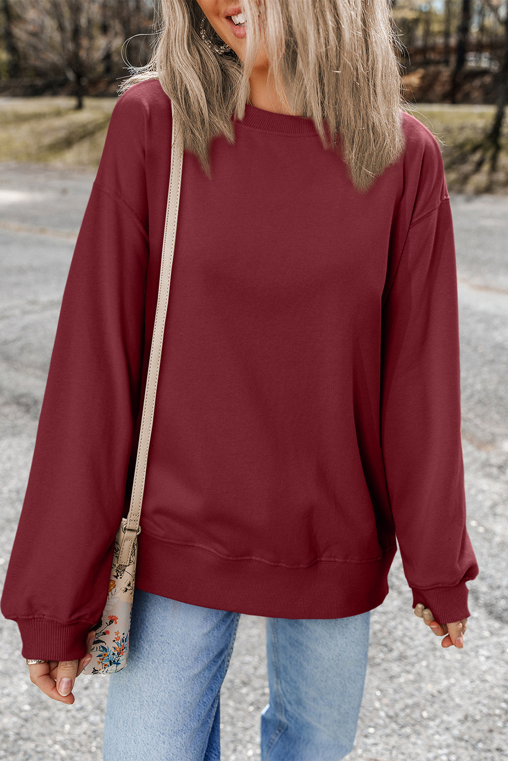 Sweat-shirt bordeaux uni à épaules tombantes et col rond