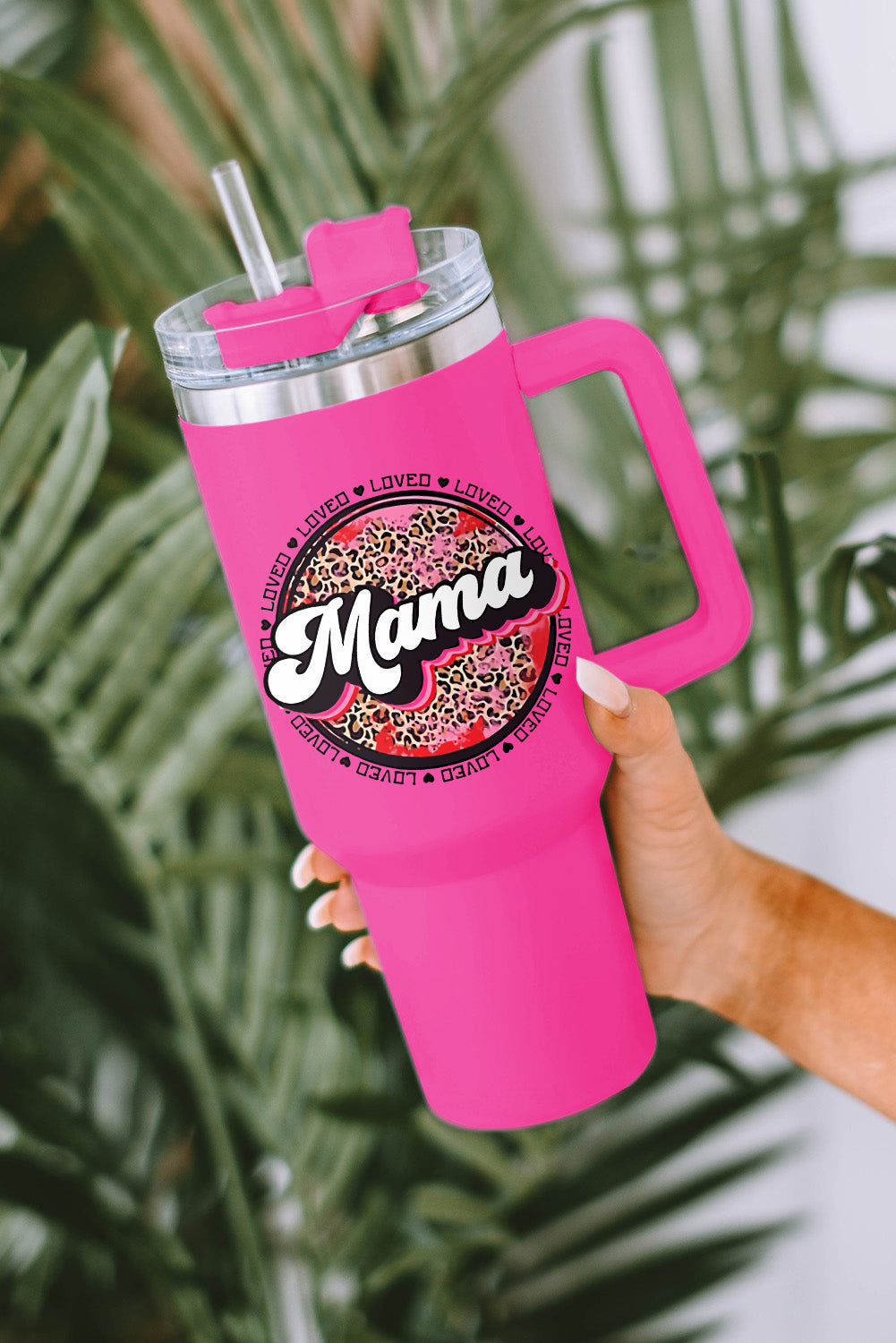 Tasse isolante en acier inoxydable à imprimé léopard Rose Mama avec poignée 40oz