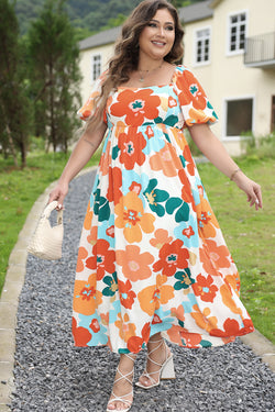 Vestido largo naranja con estampado floral grande con ceño en cuello cuadrado