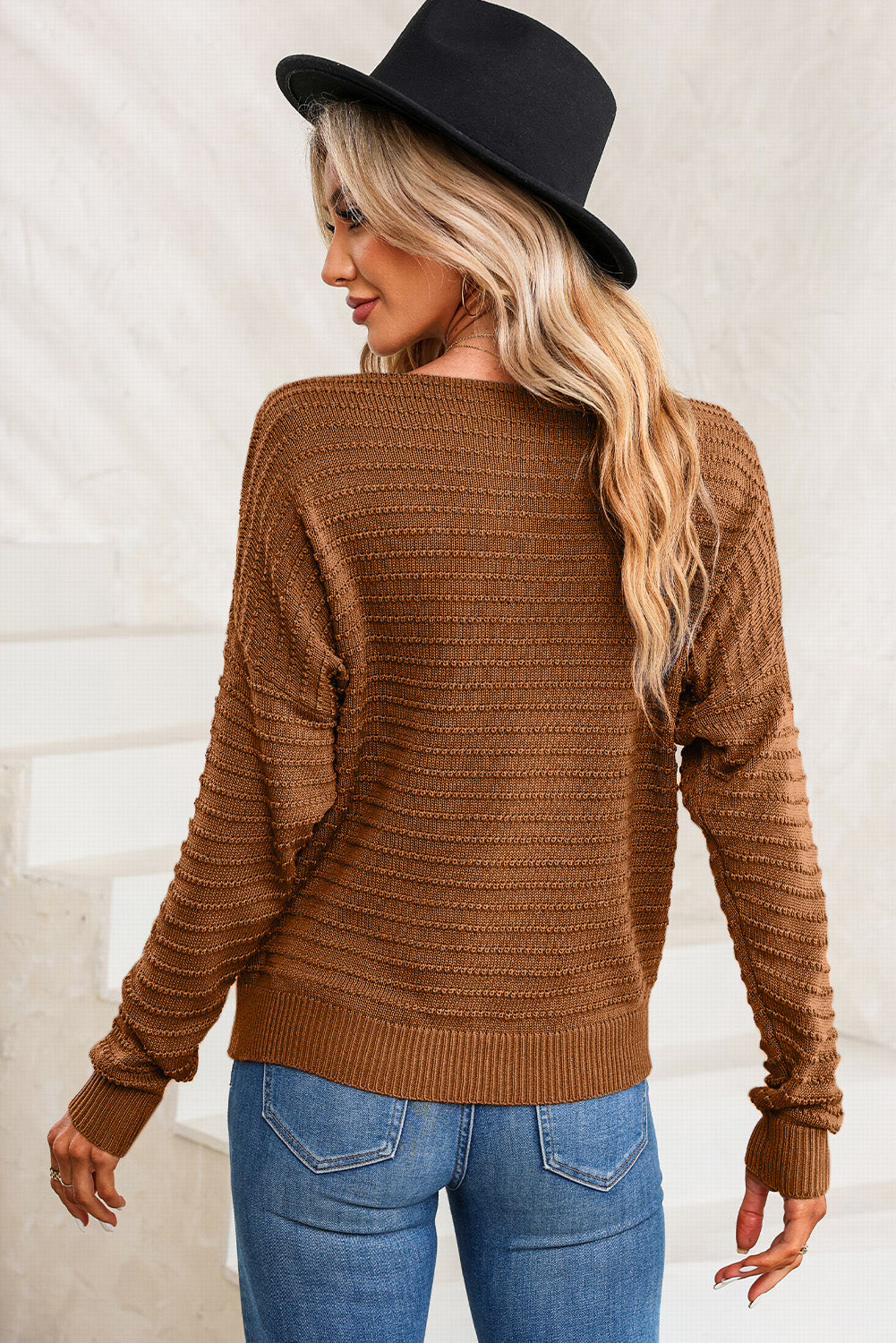 Brown Batwing Sleeve Textured Knit Crew Neck Sweater