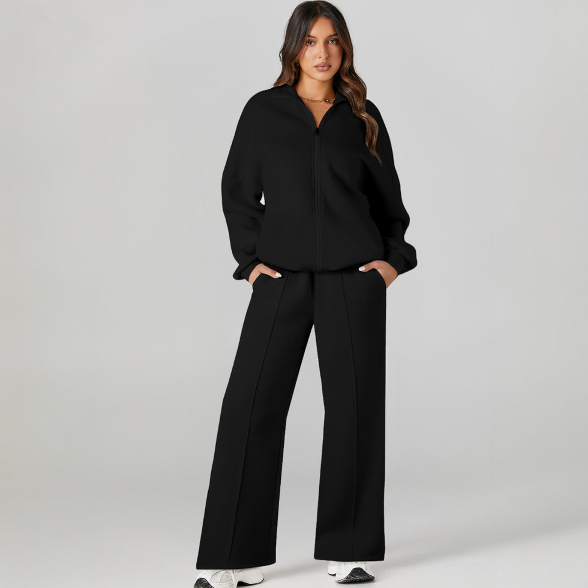 Ensemble 2 pièces veste zippée noire à épaules tombantes