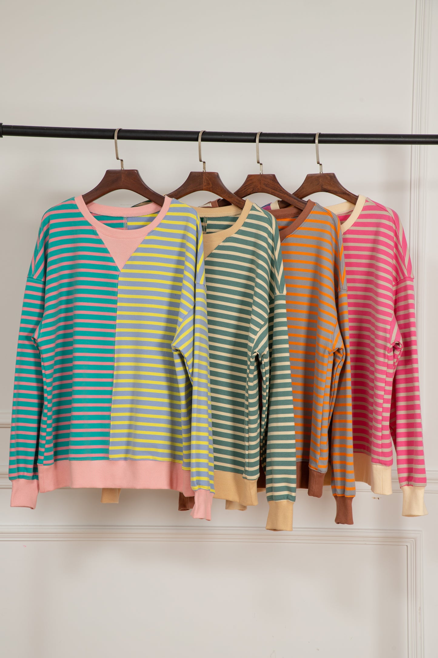 Stripe de franja marrón stripe colorblock caída de hombro sudadera de gran tamaño