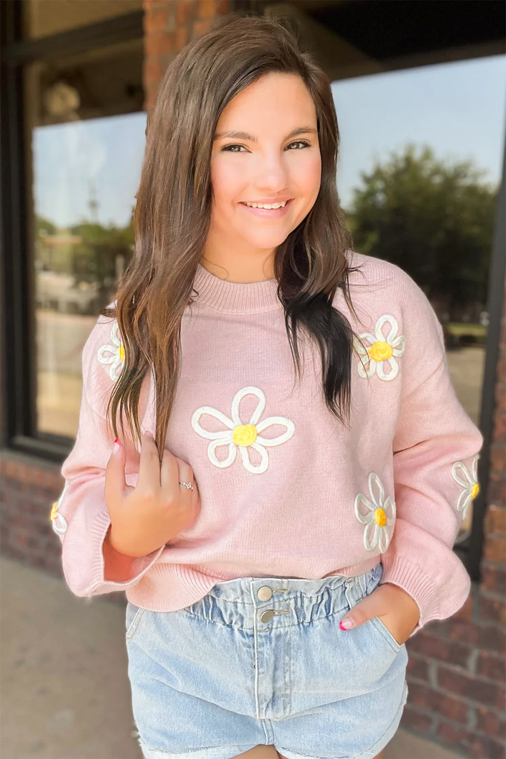 Pink Chenille Daisy Stitching Crew Neckpullover