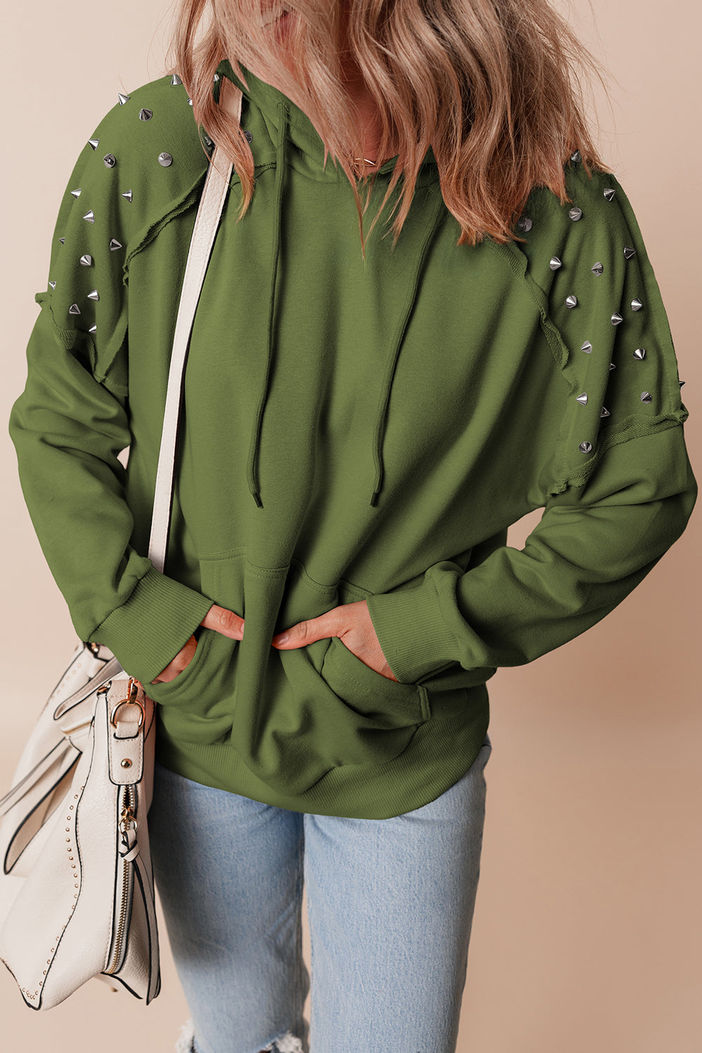 Sweat à capuche à manches raglan et rivets de couleur unie vert vignoble avec poche