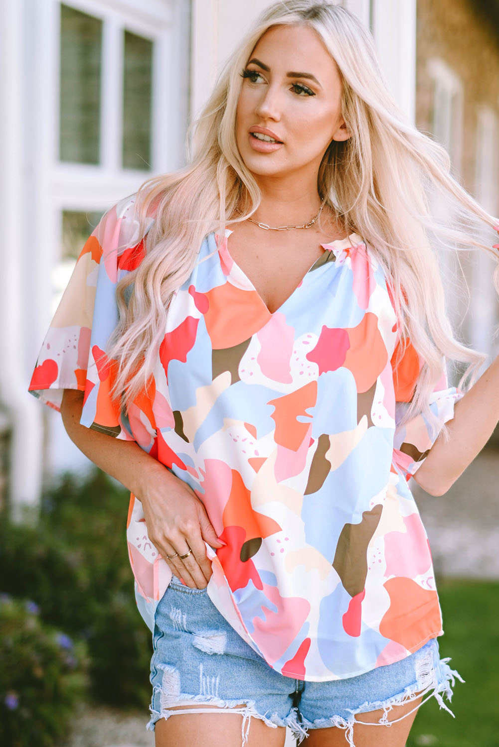 Multicolor Floral Print V Neck Half Sleeve Blouse