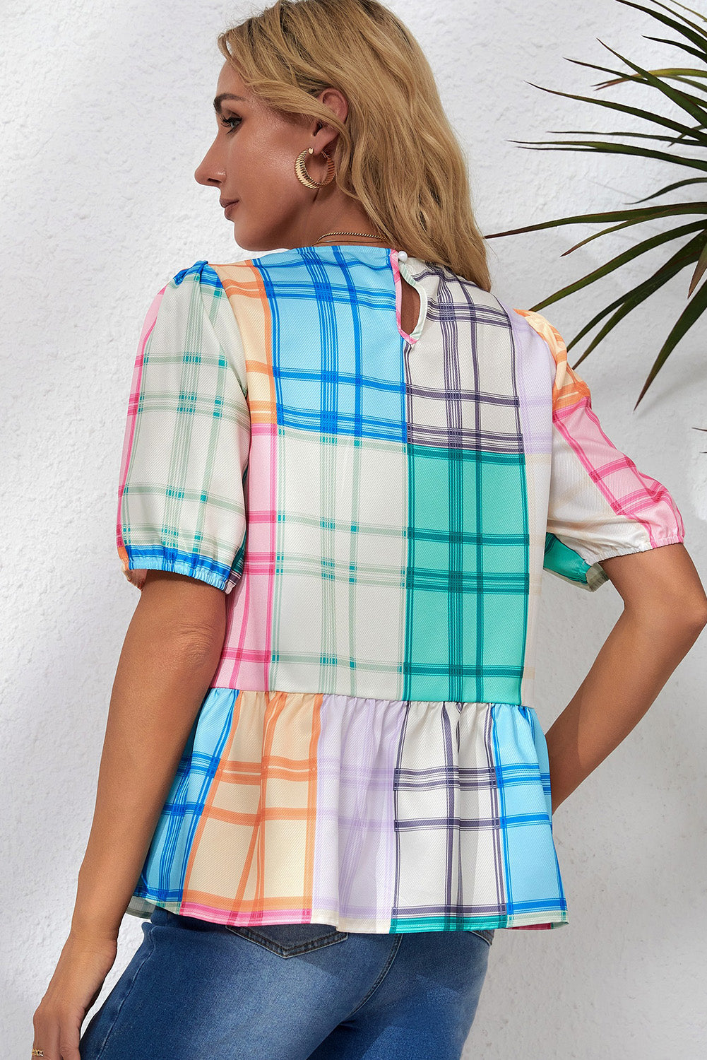 Multicolor Bold Plaid Color Block Puff Sleeve Peplum Top