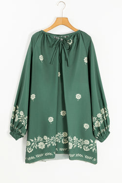 Vestido recto con mangas hinchadas y patrón floral Bohemian Verde Mist