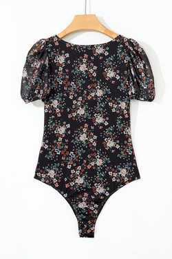 Body noir à imprimé floral, col en U, manches courtes bouffantes