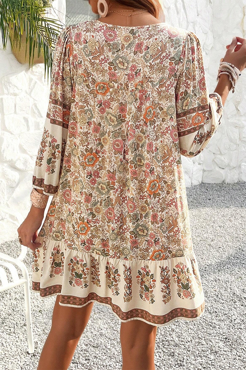 Apricot Floral Print V-Neck Drawstring Loose Mini Dress