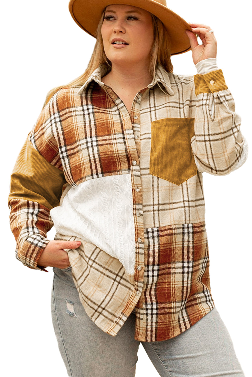 Golden Apricot Plus Size Plaid Patchwork Taste Up Shacket