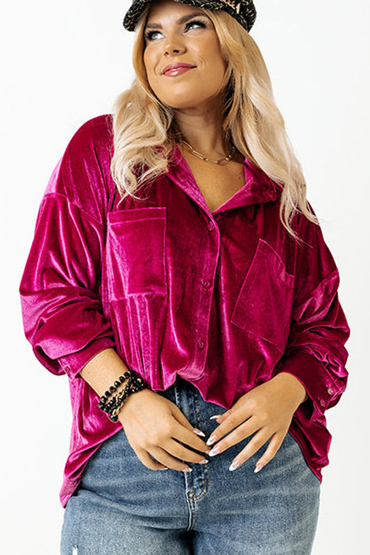 Plus Size Hot Pink Velvet Drop Shoulder Chest Pocket Shirt