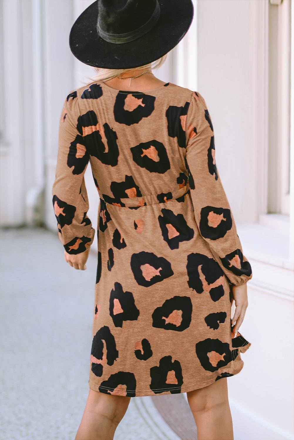 Leopard Print Button Front Puff Sleeve Loose Knit Dress