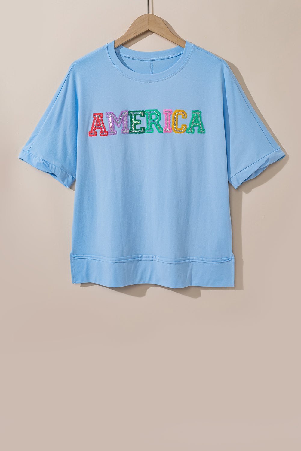 Pastel embroidered graphics t-shirt Mist Blue Sparkle America