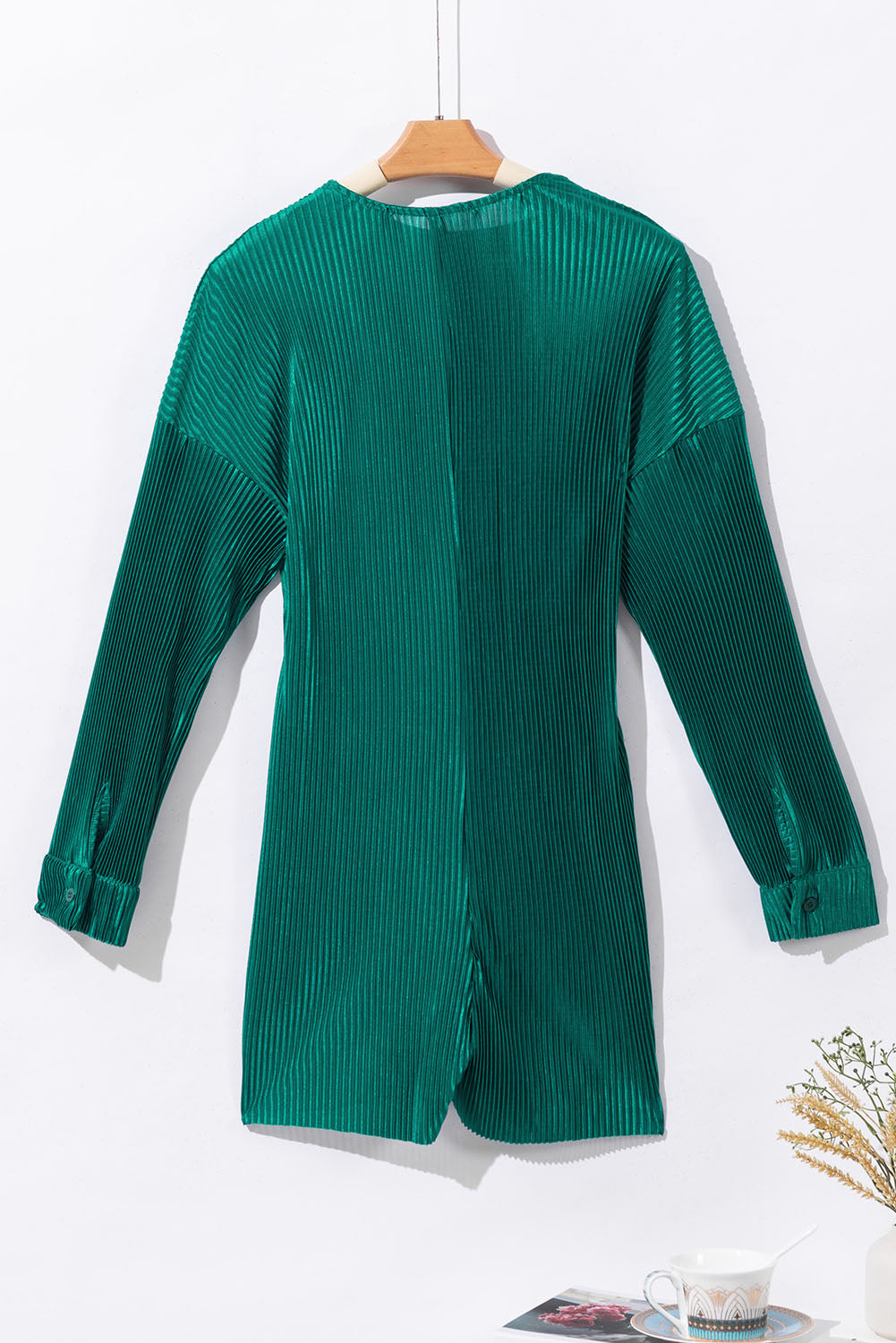 Sea Green Ribbed Long Sleeve Button Front Romper