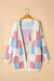 Light blue plaid cardigan, dropped shoulders, exposed seams, open front