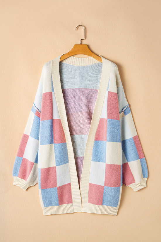 Light blue plaid cardigan, dropped shoulders, exposed seams, open front