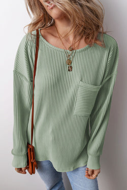 Clearly Aqua Solid Color Drawstring Drop Shoulder Long Sleeve Top