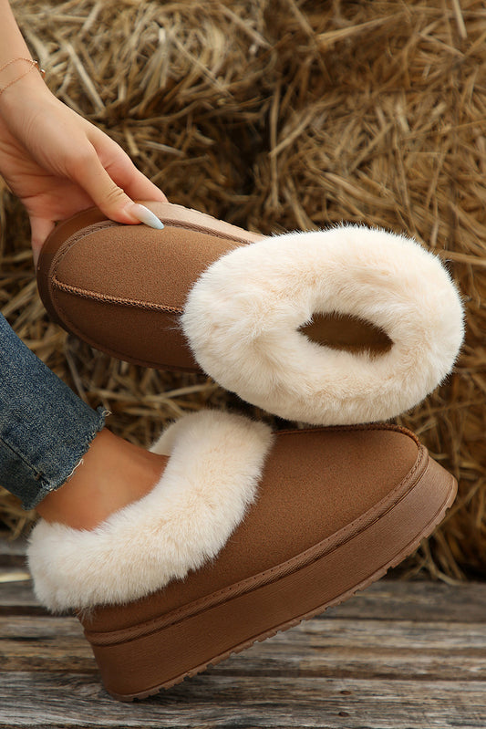 Botas de nieve plana de brote de gamuza de madera de peluche