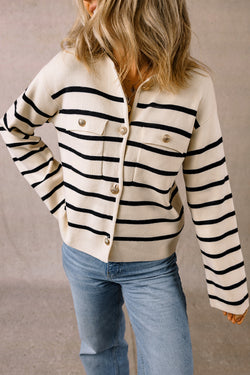 Black striped button cardigan with flap pocket