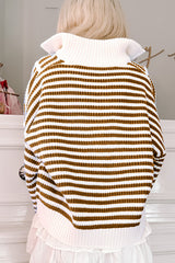 Khaki striped sweater with zipped collar and dropped shoulders