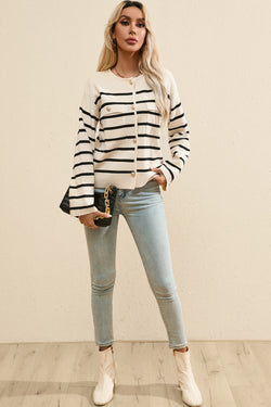 Black striped button cardigan with flap pocket