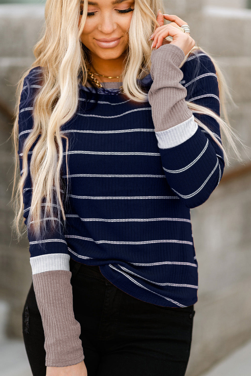 Blue Extend Color Block Cuffs Rib Trizt Striped Pullover