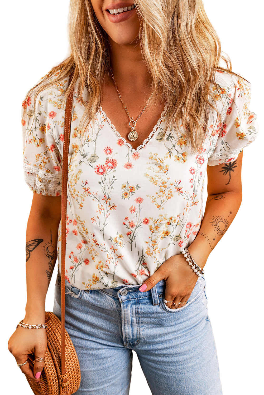 Blusa de manga corta beige boho boho