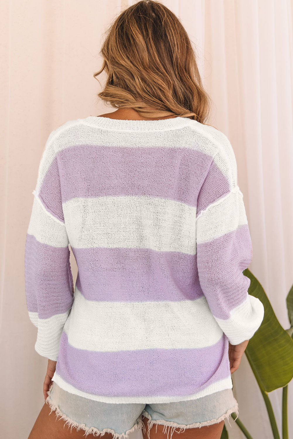 Pink Striped Strick Knopf Rippen geteiltes Nackenpullover