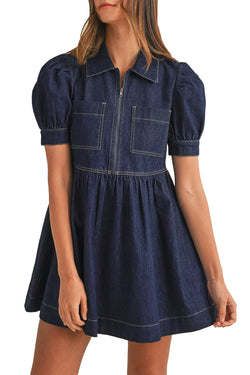 Dirty blue denim dress, zipped bodice *