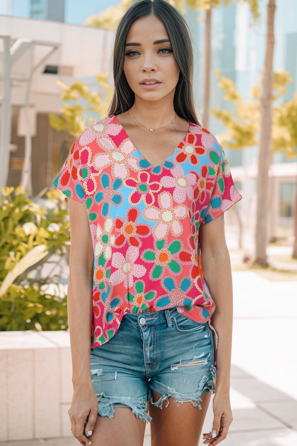 Pink Abstract Print v Neck Dolman Blusa