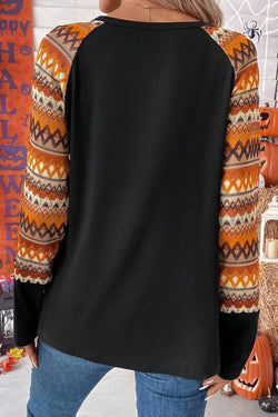 Orange geometric print raglan patchwork long sleeve t-shirt