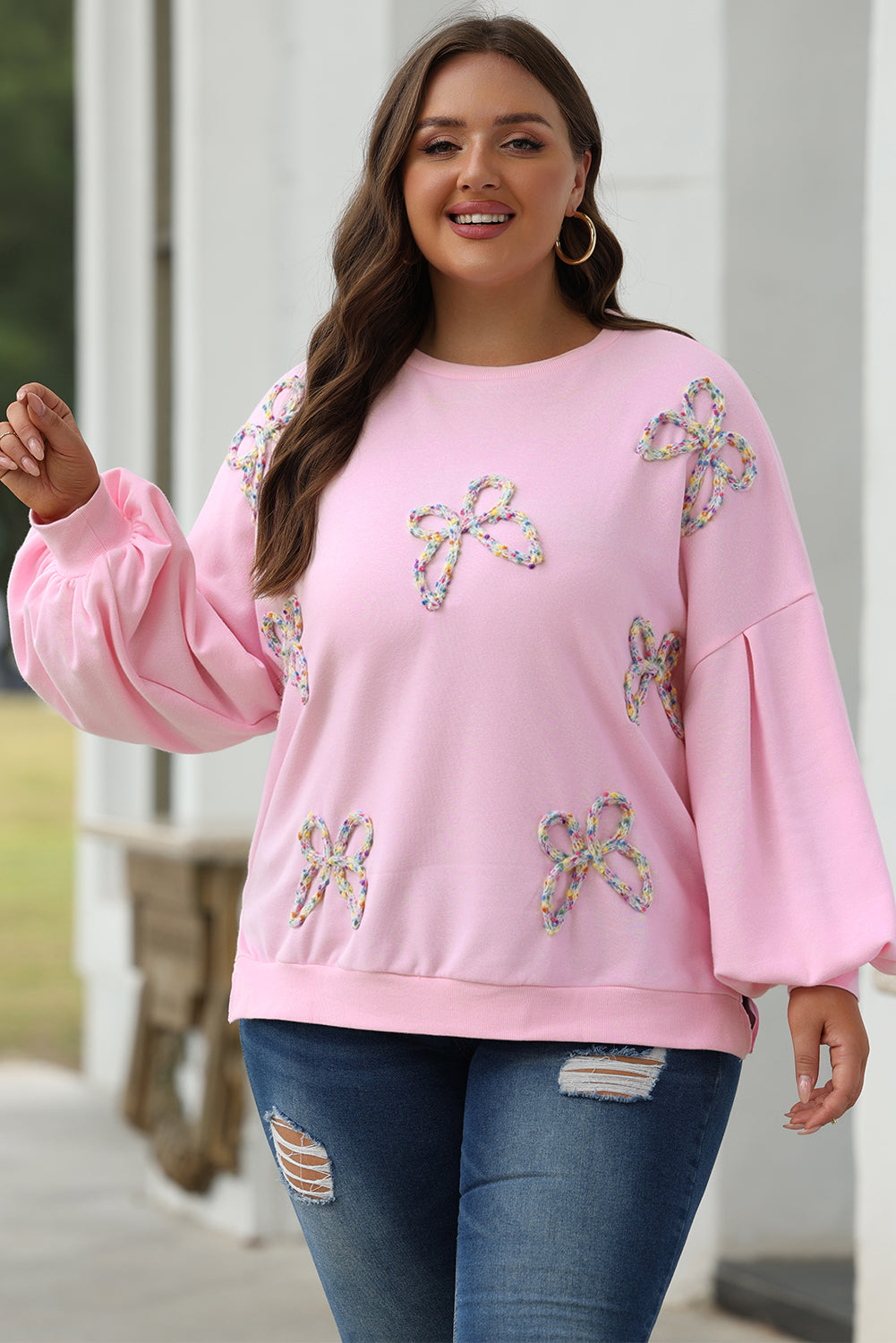 Sweat-shirt surdimensionné à manches lanterne et nœud brodé rose clair