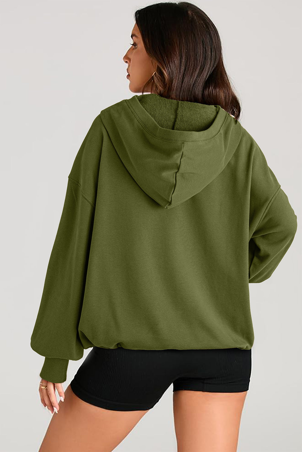 Moss Green Solid Känguroo Tasche Halbzahn -Reißverschluss übergroßer Hoodie