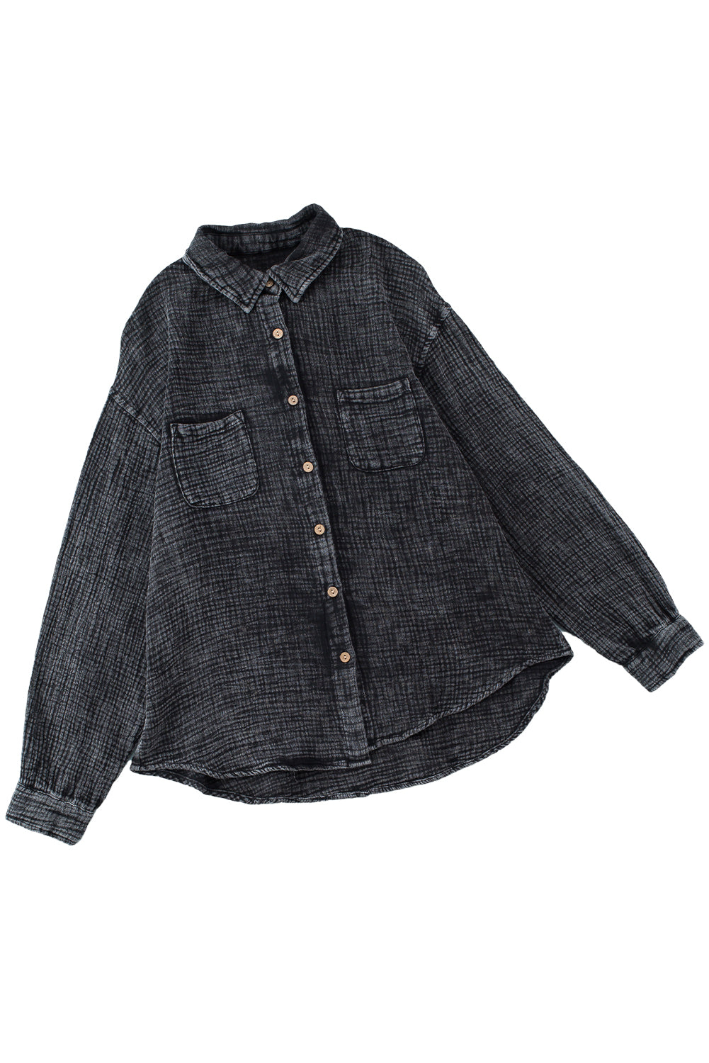 Black Mineral Wash Crinking Textured Poches Shirts