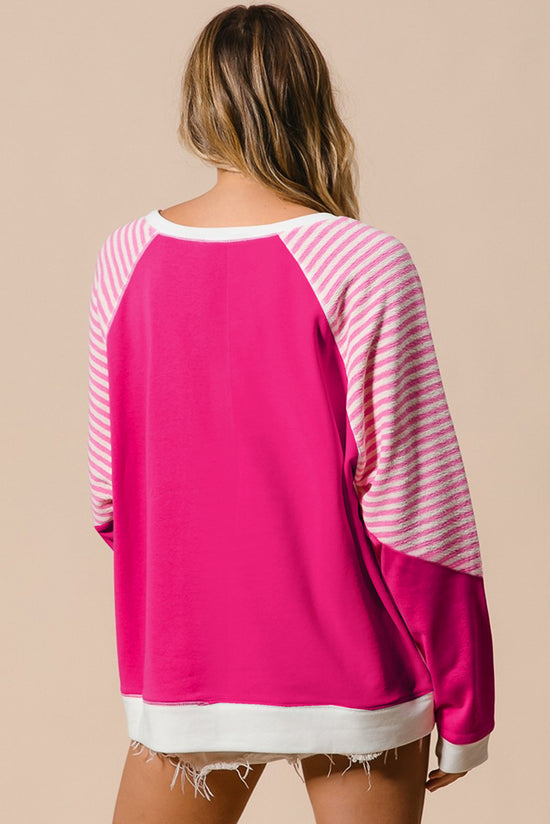 Strawberry Pink Striped Raglan Sleeve Crew Neck Top