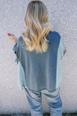 Twilight Blue Color Block Stitching Patchwork Button Up Long Sleeve Top