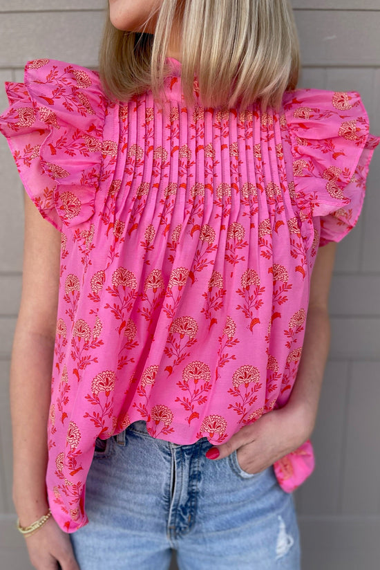 Flying blouse with ruffles and floating sleeves with red pink floral print