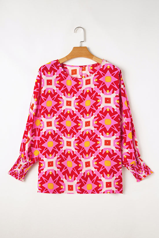 3/4 -sleeved loose blouse and geometric pink strawberry print