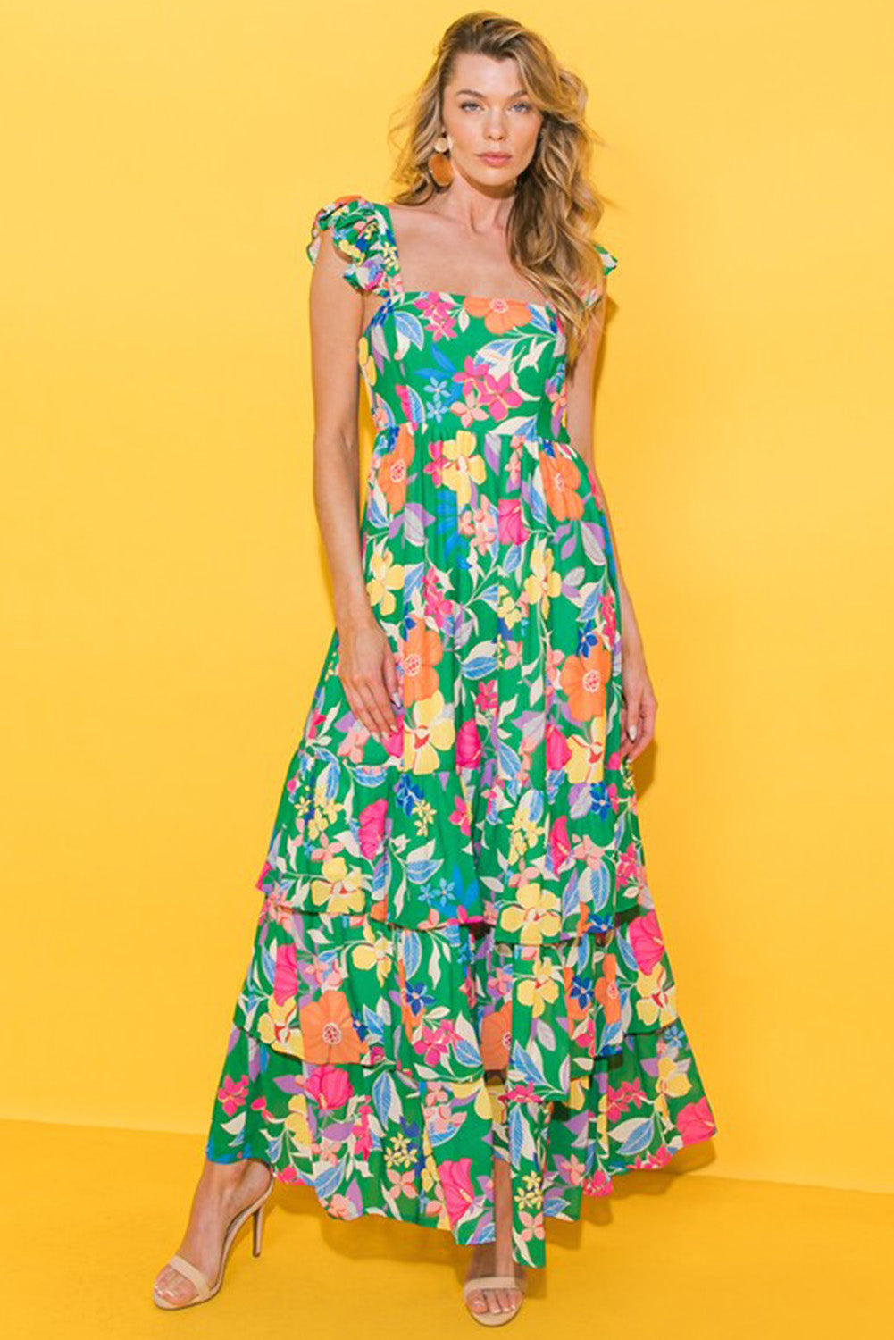 Robe longue à volants et à volants sans manches à imprimé floral vert