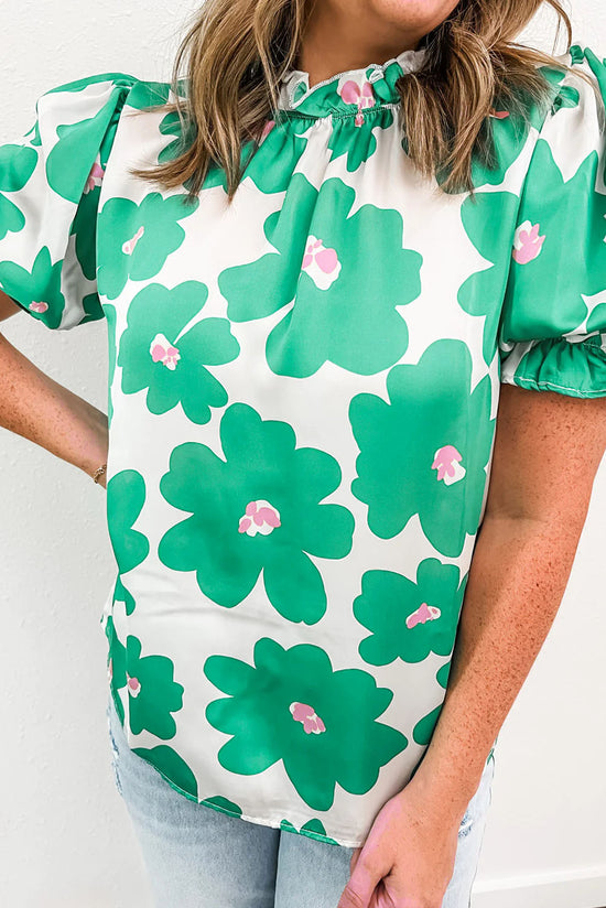 Flower verde blusa con mangas hinchadas *