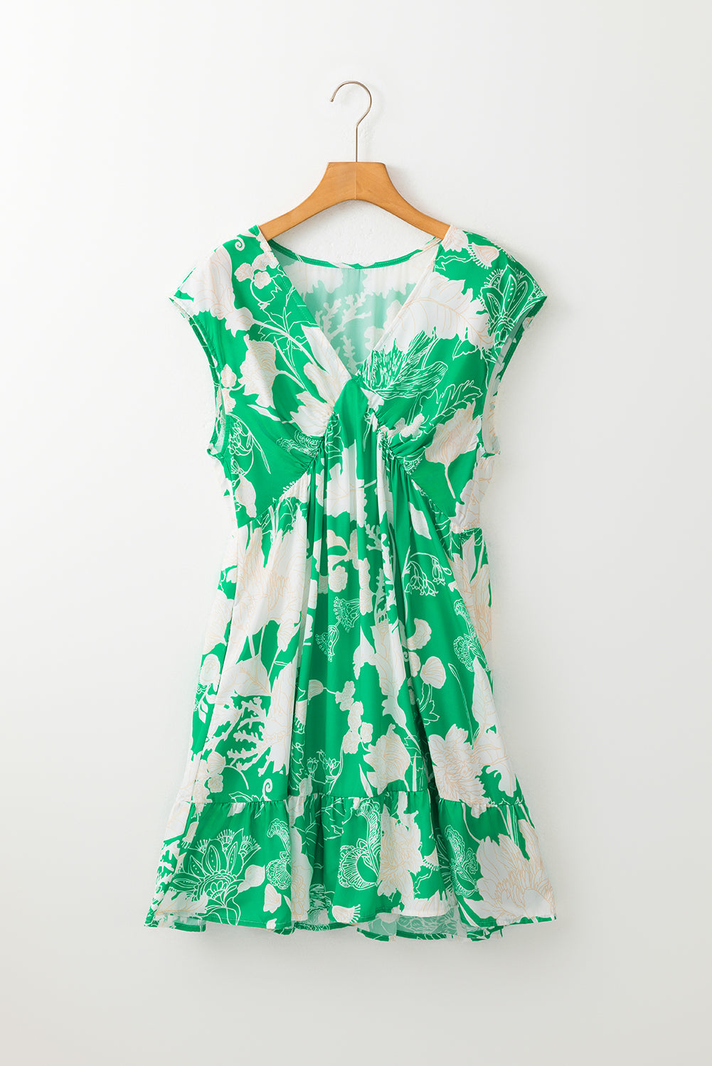 Green Floral Sans manches en V Nou-RUFFLED HEM MINI Robe