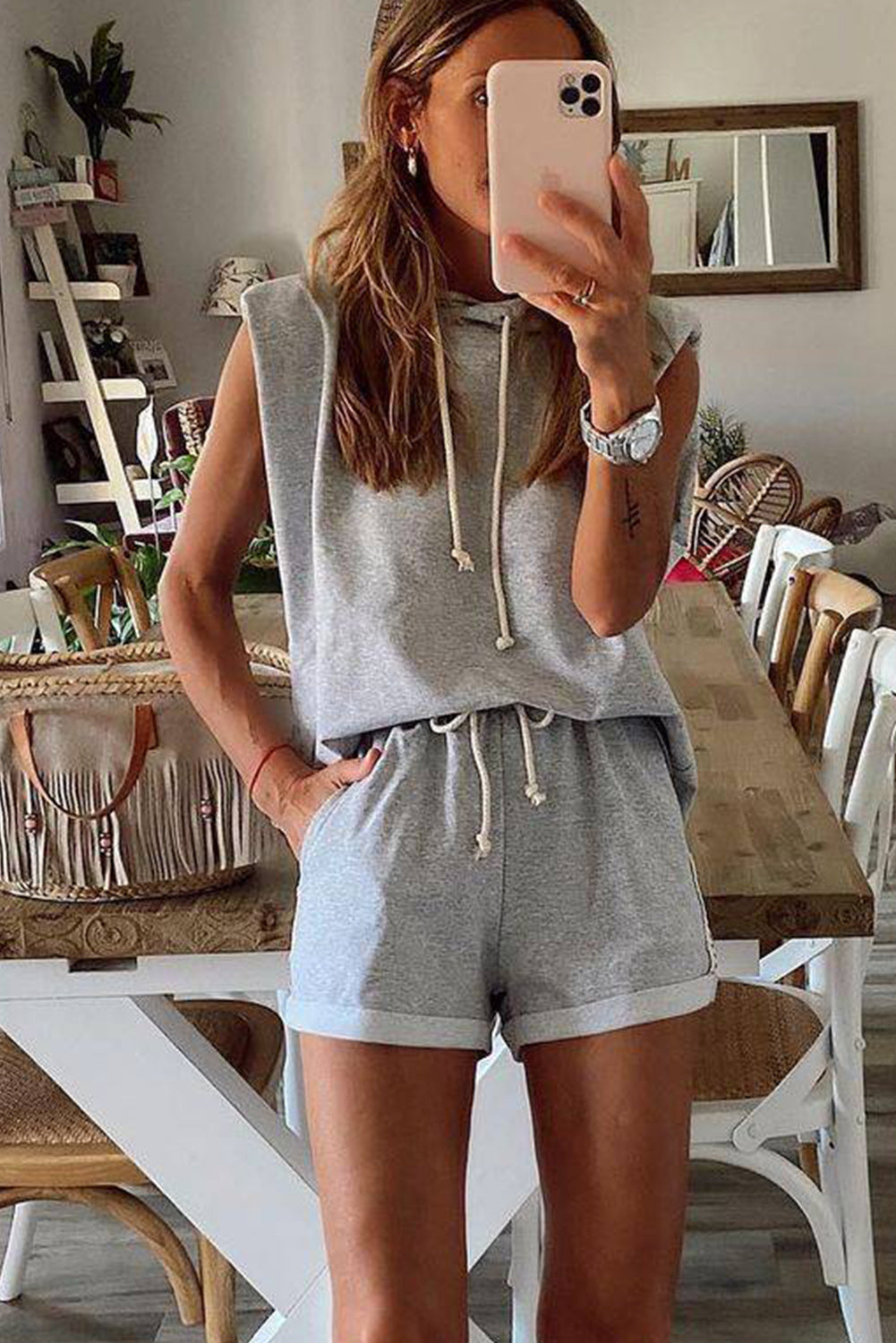 Grey Draw String ärmellose Hoodie und Shorts Set