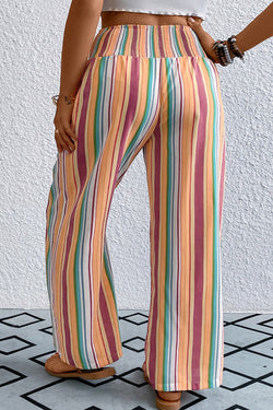 Pantalon Ample Boho à Rayures Orange Grande Taille à Taille Smockée