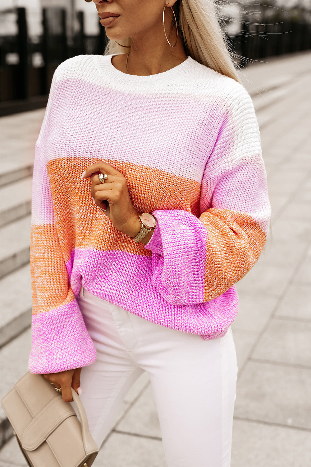 Pink color block drop shoulder loose sweater