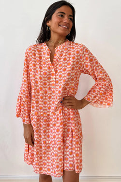 Orange floral print mini dress with ruffle sleeves and button front