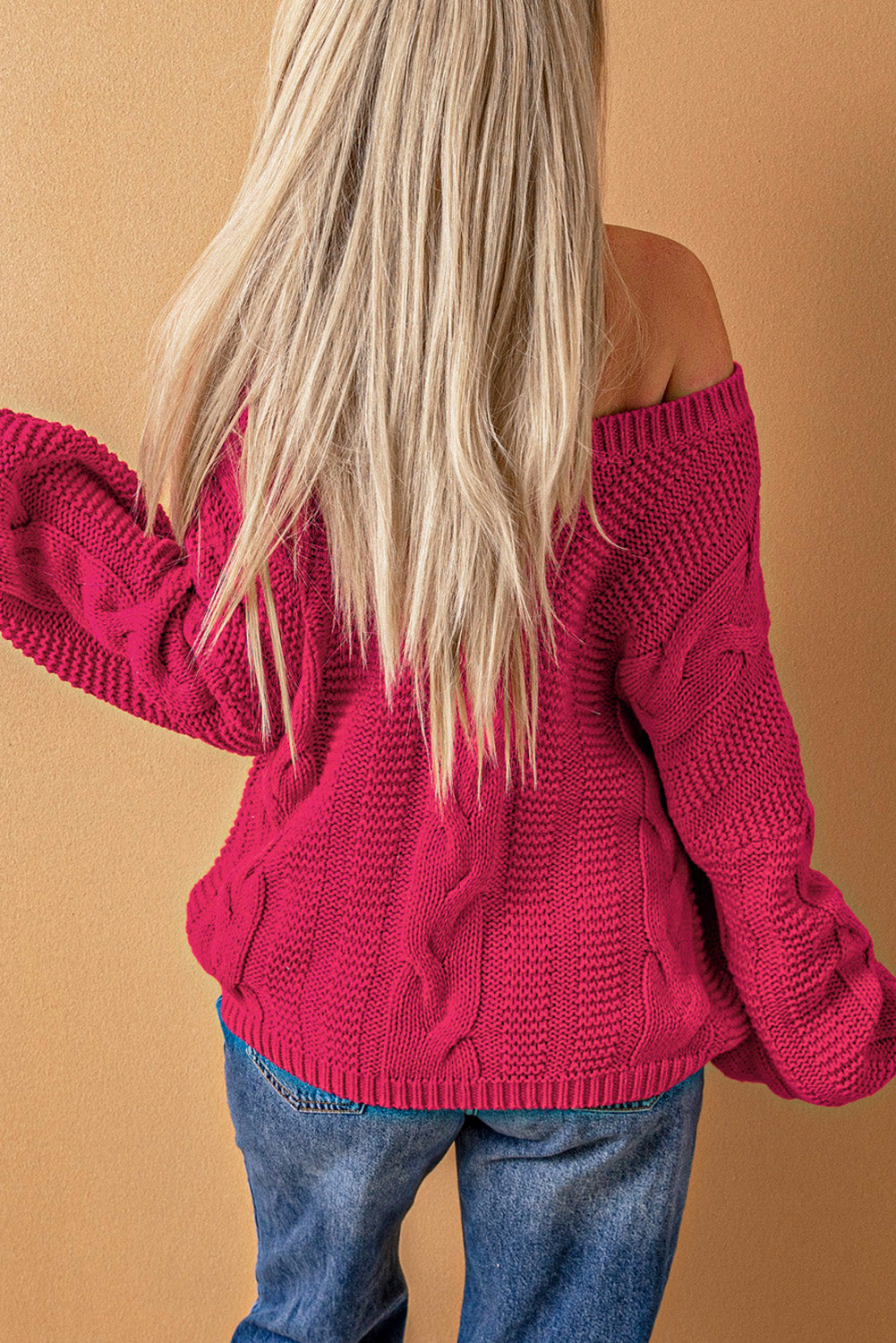 Rose Bubblegum V-Neck geflochtener Strickpullover