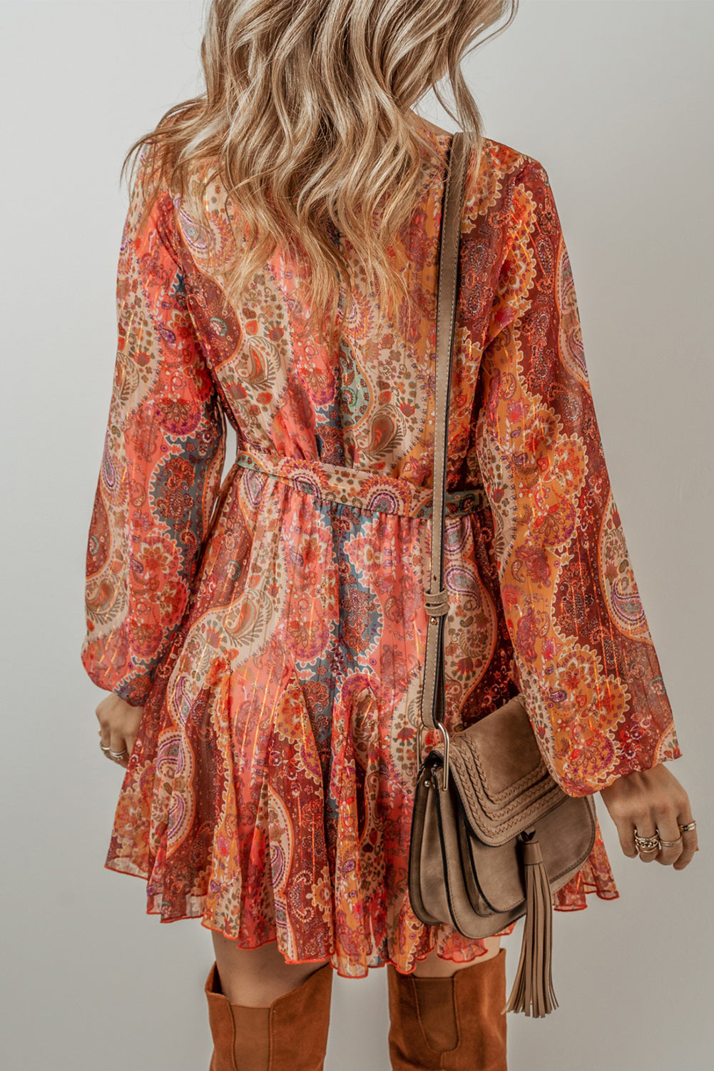 Orange Boho Paisley Print Langarm Falten -Gürtel -Mini -Kleid