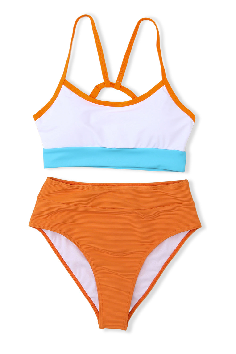 Orangefarbener Farbblock Spaghetti -Gurt hoher Taillenbikini Bikini Badeanzug