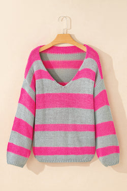 Loose fit color block knit sweater with pink stripes and v-neck