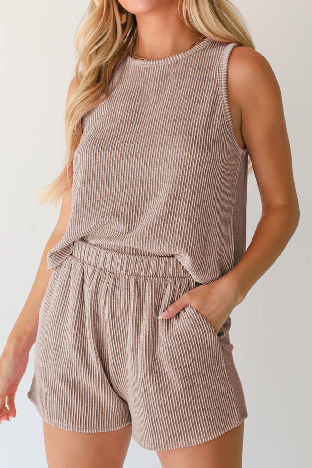 Smoke Grey Corduroy Sleeveless Top and Pocket Shorts Set